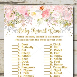 Gold Glitzer Baby Shower Spiel, Baby Animal Game, Blush rosa und gold Mädchen Blumen Quiz Quiz, Name die Tiere, printable Instant Download P55