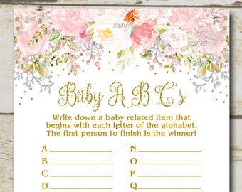 Pink & Gold Baby Shower Game, Baby ABC's game, Girl floral Blush pink Watercolor flowers baby shower game, Printable Instant Download P55