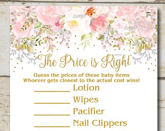 Pink & gold glitter Baby Shower Game, Price is Right Game, Girl Watercolor floral baby shower, Flowers Printable game Instant Download P55