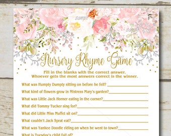 Pink & gold glitter Baby Shower Game, Nursery Rhyme Quiz Game, girl pink floral baby shower,  Printable Instant Download P55