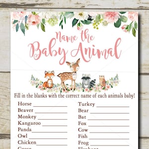 Gra Woodland Baby Shower, gra Name The Baby Animals, quiz dla dziewczynek w kolorze różowym, gra Forest Animals, nazwij zwierzęta, do wydrukowania natychmiastowego pobrania P116