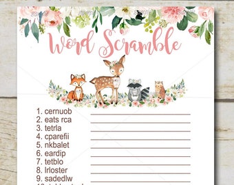 Girl Woodland Baby Shower Game, Word Scramble Game, Pink Boho Woodland Forest animals baby shower, Printable Instant Download P116