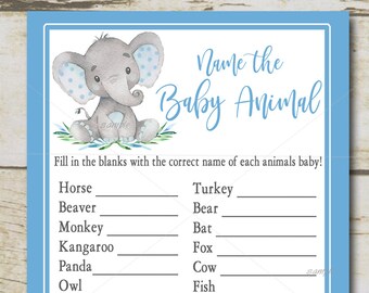 Elephant Baby Shower Game, Name The Baby Animals, Blue Boy Safari baby shower game quiz, name the animals, Printable Instant Download P19