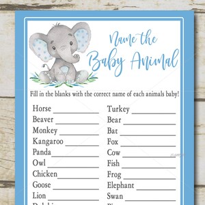 Elephant Baby Shower Game, Name The Baby Animals, Blue Boy Safari baby shower game quiz, name the animals, Printable Instant Download P19