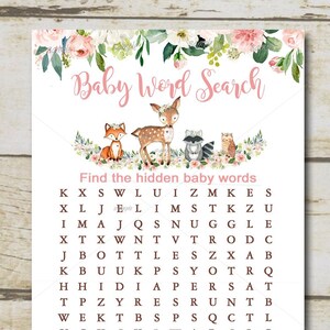 Woodland Baby Shower Game, Word Search Game, Floral Pink Girl Woodland Forest animals baby shower, Printable Instant Download P116