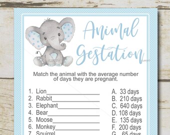 Boy Elephant Baby Shower Game, Animal Gestation Game, Animal Pregnancy Game quiz, Blue elephant boy, Printable Instant Download P28