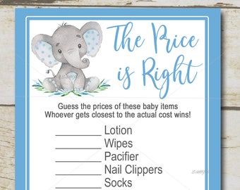 Juego de baby shower de elefante niño, juego de precio correcto, baby shower de elefante azul, baby shower de niño, safari imprimible Descarga instantánea P19