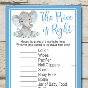 Boy Elephant Baby Shower Game, Price is Right Game, Blue elephant baby shower, Boy baby shower, safari Printable Instant Download P19