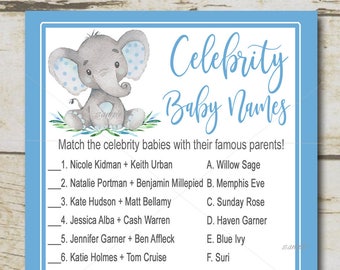 Elephant Baby Shower Game, Celebrity Baby Names Game, blue elephant boy baby shower, safari baby shower Printable Instant Download P19