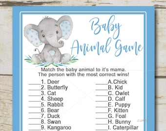 Boy Elephant Baby Shower Game, Baby Animal Game, Blue elephant safari game quiz, name the animals, Printable Instant Download P19