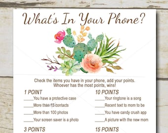 Succulent Baby Shower Game, Whats in Your Phone Game, Cactus baby shower activity, Printable Instant Download P13