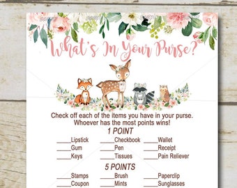 Girl Woodland Baby Shower Game Whats in Your Purse Game Pink | Etsy