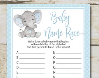 Boy Elephant Baby Shower, Baby Names Race Game, Blue Elephant safari Baby Shower juego, Blue Elephant, ducha imprimible Descarga instantánea P28