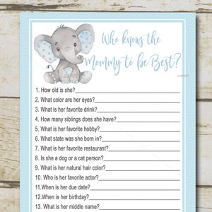 Boy Elephant Baby Shower Game, Who Knows Mommy Best, Blue safari baby shower quiz, blue elephant shower, Printable Instant Download P28