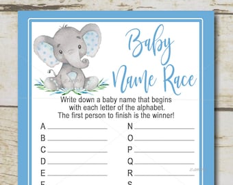 Boy Elephant Baby Shower, Baby Names Race Game, Blue Elephant safari Baby Shower game, Blue Elephant, shower Printable Instant Download P19