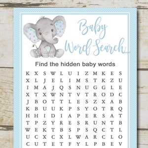 Juego de baby shower de niño elefante, juego de búsqueda de palabras, baby shower de niño elefante azul, Safari Baby shower imprimible Descarga instantánea P28