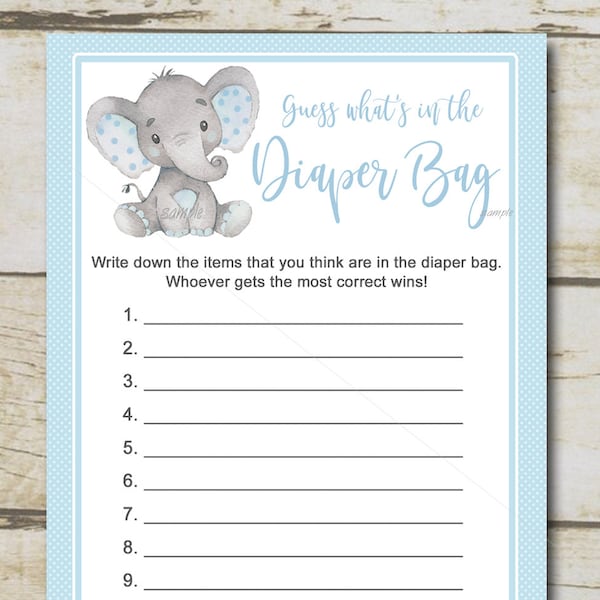 Blue Elephant Baby Shower Game, Whats in the Diaper Bag game, boy safari baby shower game,boy baby shower  Printable Instant Download P28