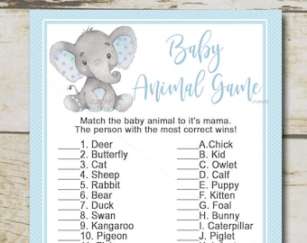 Boy Elephant Baby Shower Game, Baby Animal Game, Blue elephant safari game quiz, name the animals, Printable Instant Download P28