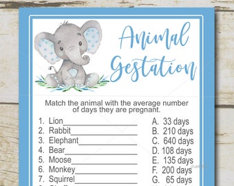Boy Elephant Baby Shower Game, Animal Gestation Game, Animal Pregnancy Game quiz, Blue elephant boy, Printable Instant Download P19