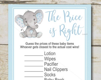 Boy Elephant Baby Shower Game, El precio es el juego correcto, Baby shower de elefante azul, Baby shower de niño, safari Imprimible Descarga instantánea P28