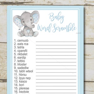 Blue Elephant Baby Shower Game, Word Scramble Game, Boy safari baby shower, boy elephant shower game Printable Instant Download P28