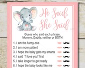 Pink Elephant Baby Shower Game, He Said She Said Game, Mommy or Daddy Baby Shower quiz, safari girl shower, Printable Instant Download P29
