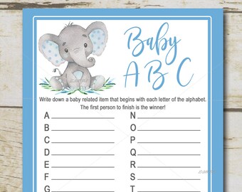 Elephant Baby Shower Game, Baby ABC's game, Blue elephant boy baby shower game, safari baby shower Printable Instant Download P19