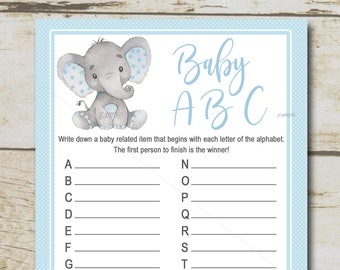 Elephant Baby Shower Game, Baby ABC's game, Blue elephant boy baby shower game, safari baby shower Printable Instant Download P28