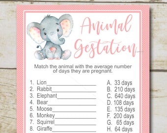 Girl Elephant Baby Shower Game, Animal Gestation Game, Animal Pregnancy Game quiz, Pink elephant girl, Printable Instant Download P29