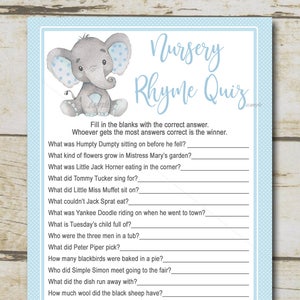 Elephant Baby Shower Game, Nursery Rhyme Quiz Game, Blue Elephant Boy baby shower, Safari Baby shower Printable Instant Download P28