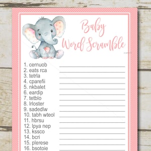 Pink Elephant Baby Shower Game, Word Scramble Game, Girl safari baby shower, girl elephant shower game Printable Instant Download P29