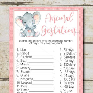 Girl Elephant Baby Shower Game, Animal Gestation Game, Animal Pregnancy Game quiz, Pink elephant girl, Printable Instant Download P29