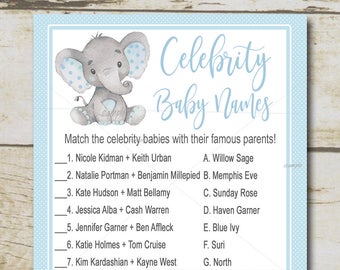 Juego de baby shower de elefante, juego de nombres de bebés de celebridades, baby shower de niño elefante azul, baby shower de safari imprimible Descarga instantánea P28