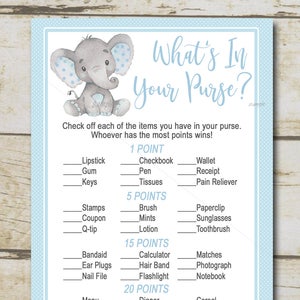 Blauer Elefant Baby-Dusche-Spiel, Whats in Your Purse Game, junge Safari-Baby-Dusche-Aktivität, junge Elefant druckbare Instant Download P28