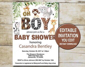 jungle animal baby shower invitation template editable you etsy