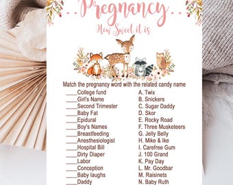 Juego de baby shower de animales del bosque, juego de qué dulce es, baby shower de animales del bosque para niñas, juego de barra de caramelo, descarga instantánea imprimible P01A