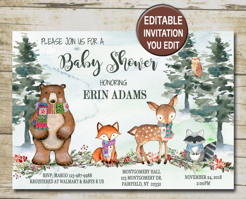 Winter Woodland Baby Shower Invitation Editable You Edit Etsy
