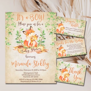 Fox Baby Shower Invitation set, Boy or Girl Editable invitation template, Books for Baby, Diaper Raffle & Thank You kit INSTANT DOWNLOAD P63