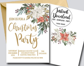 Editable Christmas Party Invitation, Editable Invitation Template, Holiday invitation, YOU EDIT Printable Instant Download 022