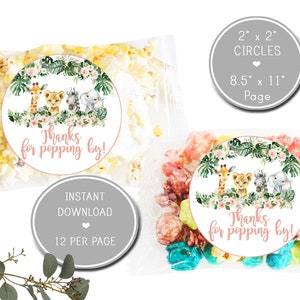 Safari Thanks for Popping By Baby Shower Labels, Pink Girl Jungle Greenery Tag, Safari Baby Popcorn Thank you Tag   INSTANT DOWNLOAD P156