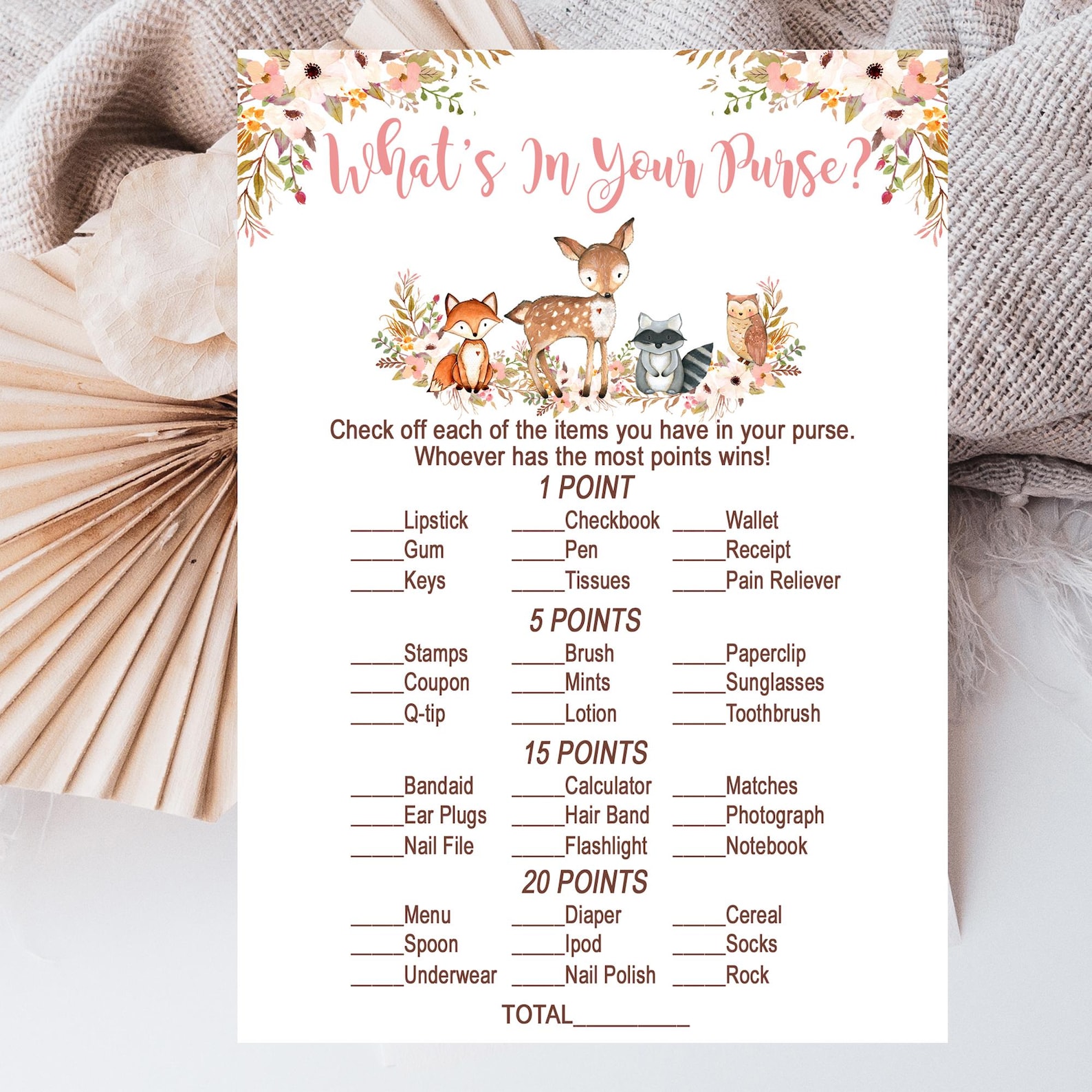 Woodland Baby Shower Game, Whats in Your Purse Game, Pink Girl Woodland ...