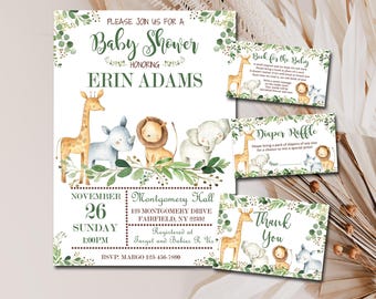 Safari Baby Shower Invitation bundle set, Editable invite template, Book for Baby, Diaper Raffle Thank You gender neutral Jungle Animal P124