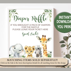 Peut inclure: Une affiche imprimable pour une tombola de couches avec un motif floral vert et blanc. L'affiche repr&eacute;sente une girafe, un z&egrave;bre et un &eacute;l&eacute;phant avec le texte "Diaper Raffle" et "Si vous avez apport&eacute; un paquet de couches pour la tombola, veuillez laisser votre ticket ici. Bonne chance !"