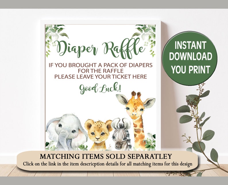 Peut inclure: Une affiche imprimable pour une tombola de couches avec un motif floral vert et blanc. L'affiche repr&eacute;sente une girafe, un z&egrave;bre et un &eacute;l&eacute;phant avec le texte "Diaper Raffle" et "Si vous avez apport&eacute; un paquet de couches pour la tombola, veuillez laisser votre ticket ici. Bonne chance !"