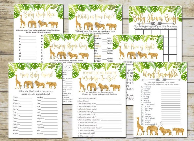 Gold Safari Baby Shower Game Package 8 Printable Games Gold Etsy