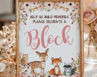 Woodland Forest Animal Decorate a Block game sign, Girl Woodland Baby Shower activity, Decorate a Block Sign Printable INSTANT DOWNLOAD P01A
