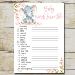 Girl Elephant Baby Shower Game, Word Scramble Game, Pink floral Girl safari baby shower elephant shower game Printable Instant Download P292