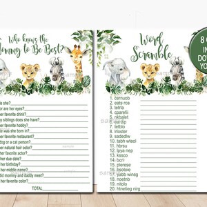 Peut inclure: Cartes de jeu de baby shower imprimables sur le th&egrave;me de la jungle. Les cartes pr&eacute;sentent un fond vert avec une bordure blanche et des illustrations d'un z&egrave;bre, d'une girafe, d'un lion et d'un &eacute;l&eacute;phant. Le texte sur les cartes indique "Qui conna&icirc;t le mieux la future maman ?" et "M&eacute;lange de mots".