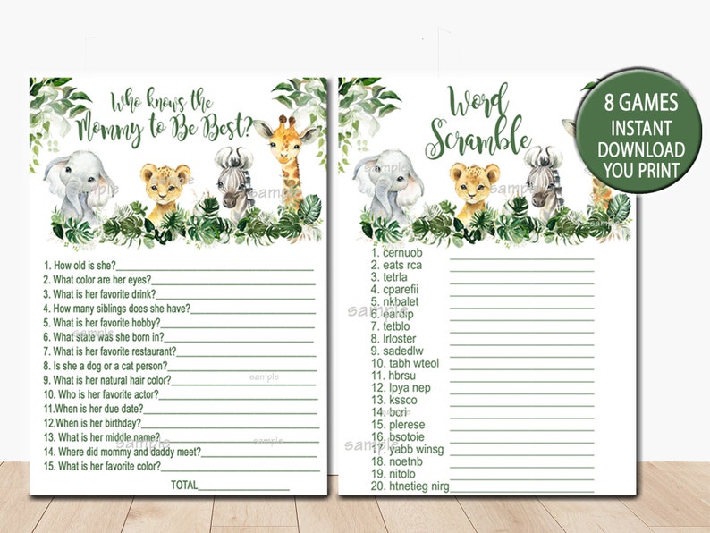Peut inclure: Cartes de jeu de baby shower imprimables sur le th&egrave;me de la jungle. Les cartes pr&eacute;sentent un fond vert avec une bordure blanche et des illustrations d'un z&egrave;bre, d'une girafe, d'un lion et d'un &eacute;l&eacute;phant. Le texte sur les cartes indique "Qui conna&icirc;t le mieux la future maman ?" et "M&eacute;lange de mots".