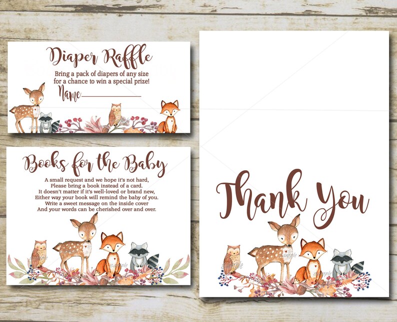 Editable Books for Baby Diaper Raffle inserts /& Thank You card package kit INSTANT DOWNLOAD P01 Woodland Animal Baby Shower Invitation kit